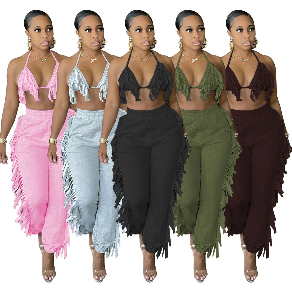 

Women Fashion Clothing New Style Solid Color Sexy Casual Haltel Ctop Top Pants Fringe Two Piece Sets Tassel Womans 2 piece Set, Pink/yellow/gray/black/green/brown/khaki/sky blue