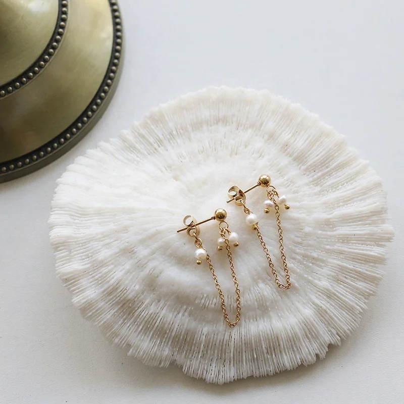 

Elegant Drop Earring Geometric Pearl Earrings Thread Chain Baroque Pearl Earrings, Gold/silver/rose gold/black