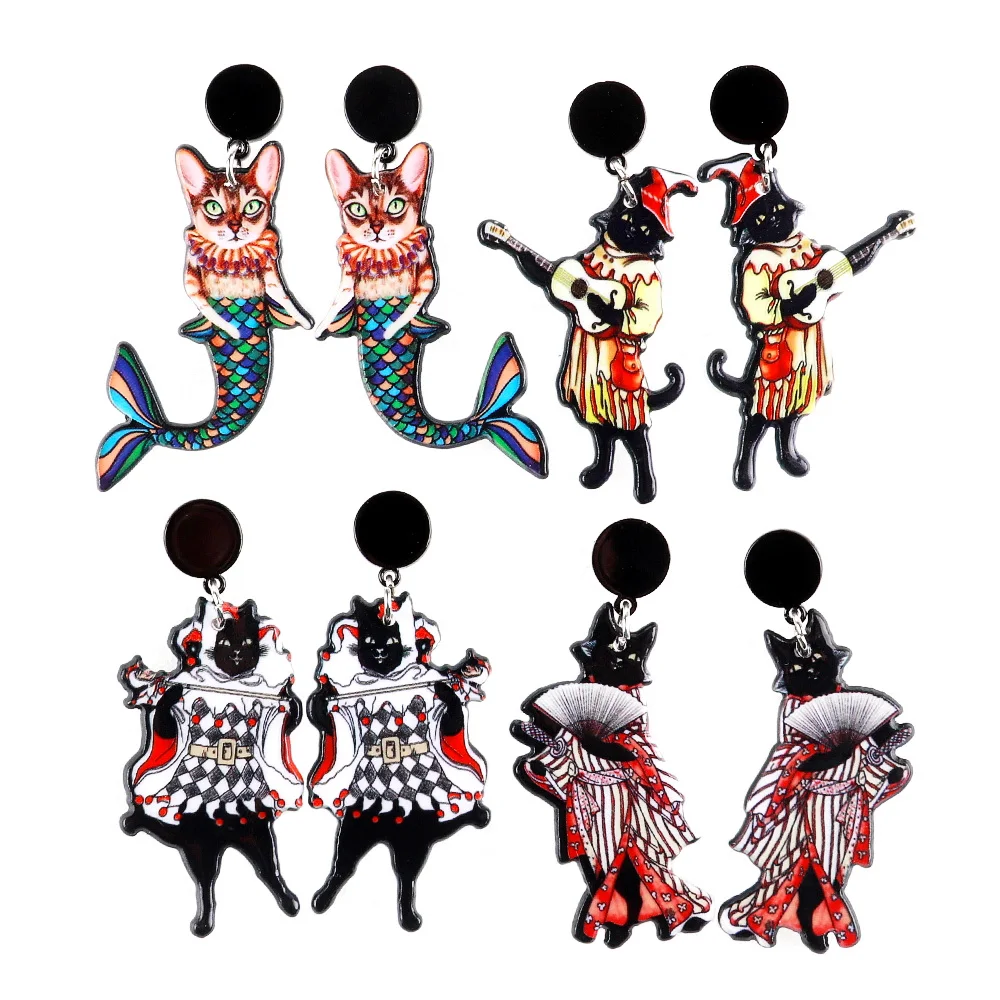 

European and American popular strange modeling cat music guitar violin dance folding fan fish tail acrylic dress kitten earrings