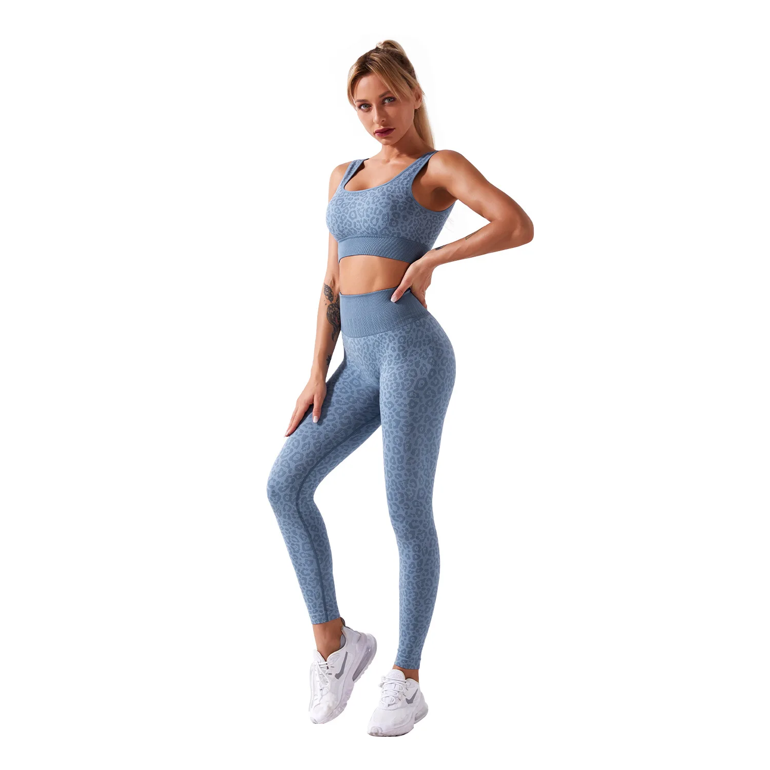 

Wholesale Sportswear Running Fitness Clothing Leopard Printed Seamless Yoga Set Two Piece Workout Suit