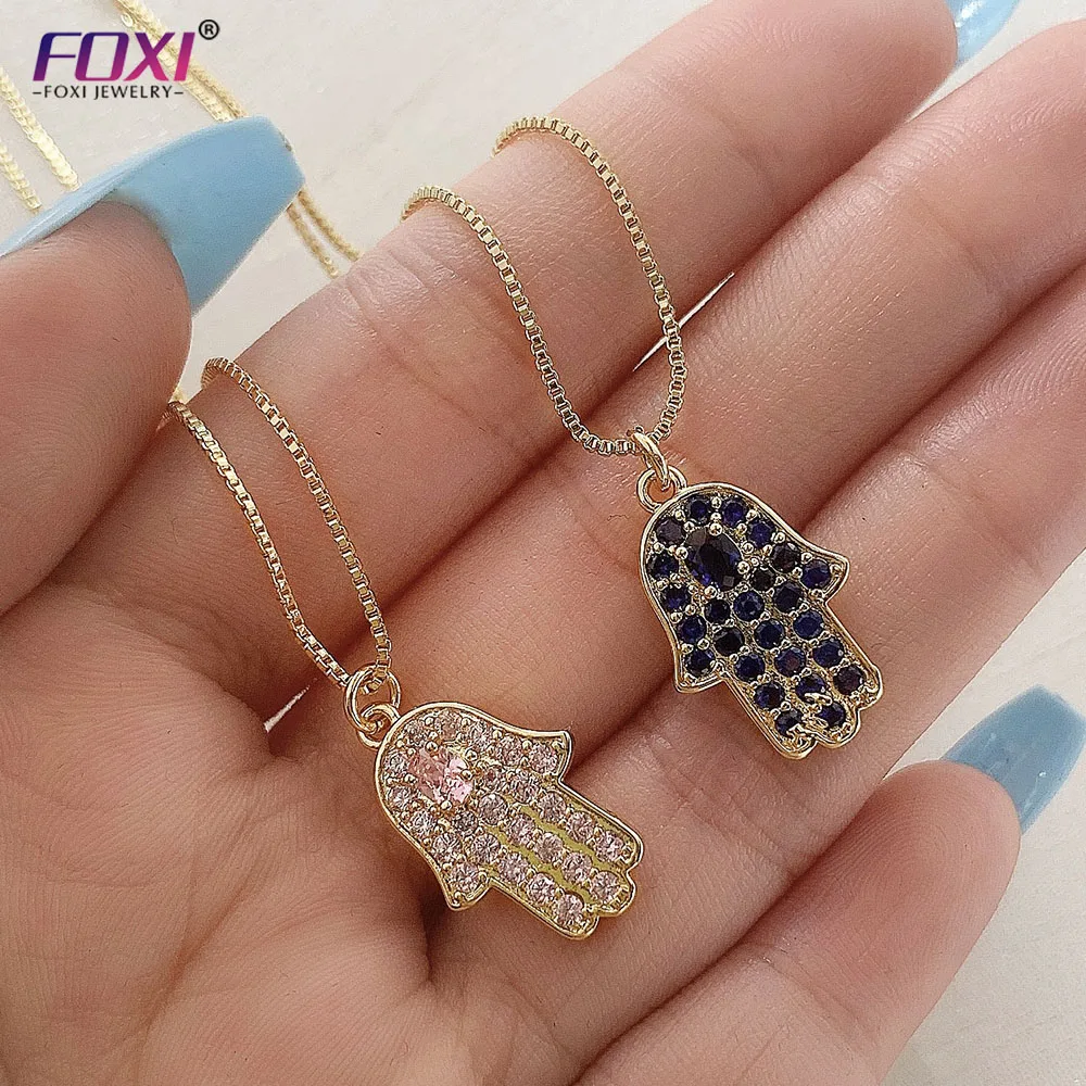 

FOXI hamsa hand Charm Gold plated iced out cz diamond iced out evil eyes Chain hamsa hand Pendants Necklaces