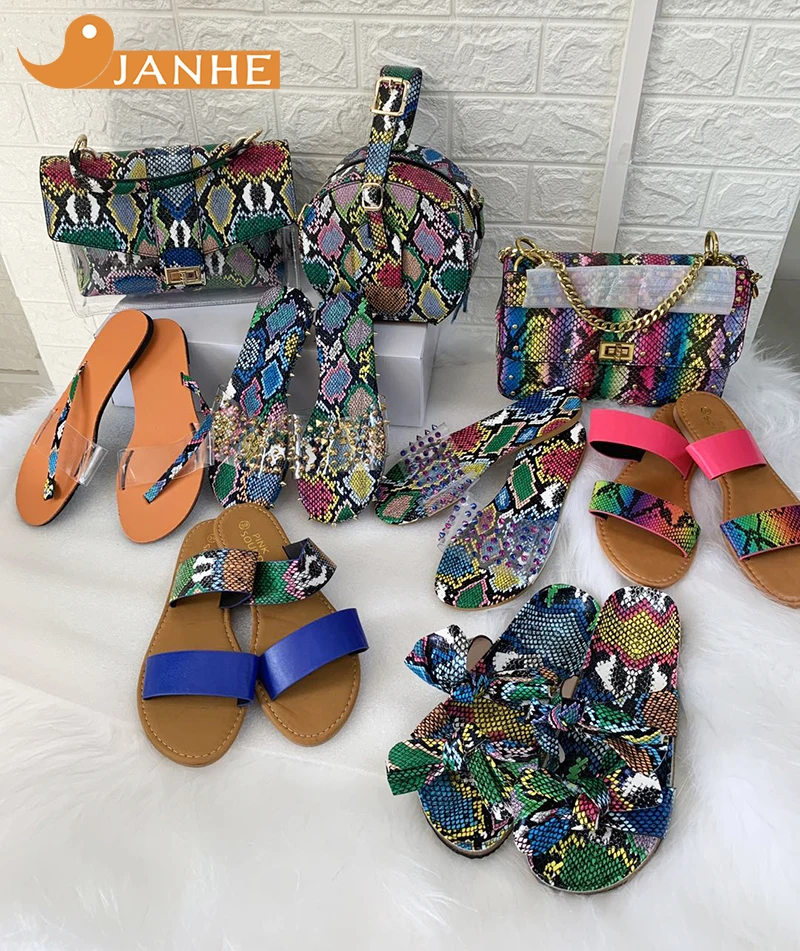 

Free Shipping JANHE Organizer Snake Leather Painted Bags Matching Slides Set Outdoor Slipper With Purse Women Shoes Handbags, As picture