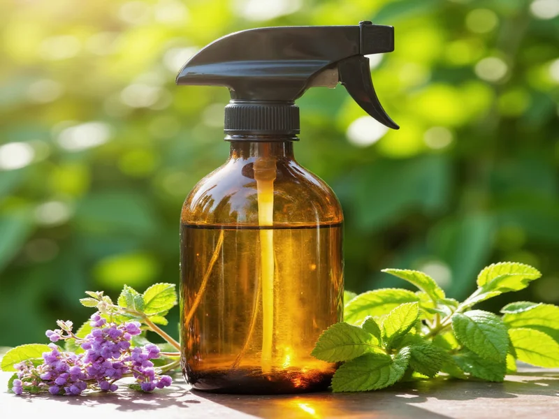 Homemade bug repellent spray bottle with fresh herbs