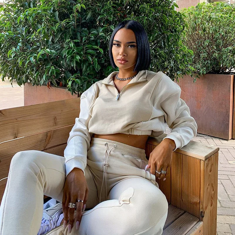 

Sweatsuit Women Round Neck Long Sleeve Tracksuit Zipper Stitching Outfits Solid Color Casual 2 Piece Set, Shown