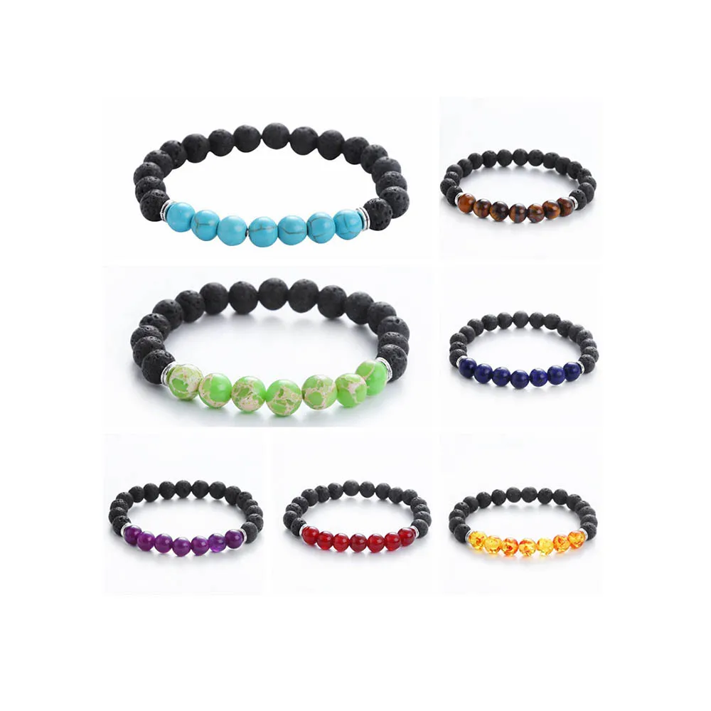 

Wholesale 7 Chakra Essential Oil Diffuser Lava Rock Bracelet Yoga Bead Healing Chakra Stone Bracelet, As picture