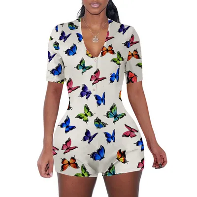 

Wholesale Multiple Color Stretchy Button Print Bodycon Sleepwear Sexy Romper Short Onesie Plus Size Pajamas