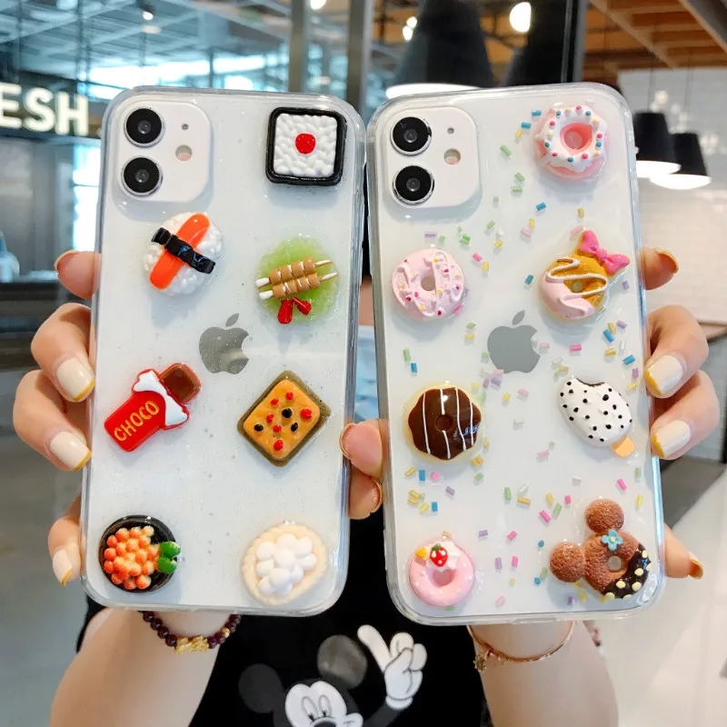 

chocolate Donut Case For iPhone 12 max 12pro 11Promax XS 7 8 3D Clear Cookie Cartoon Cover, Colorful