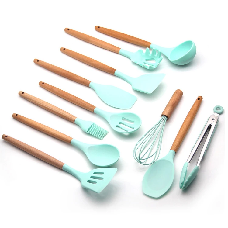 

Top Sale 11-pieces Wood Handle Cookware Kit Non-stick Silicone Spoon Spatula Tongs Knife Set