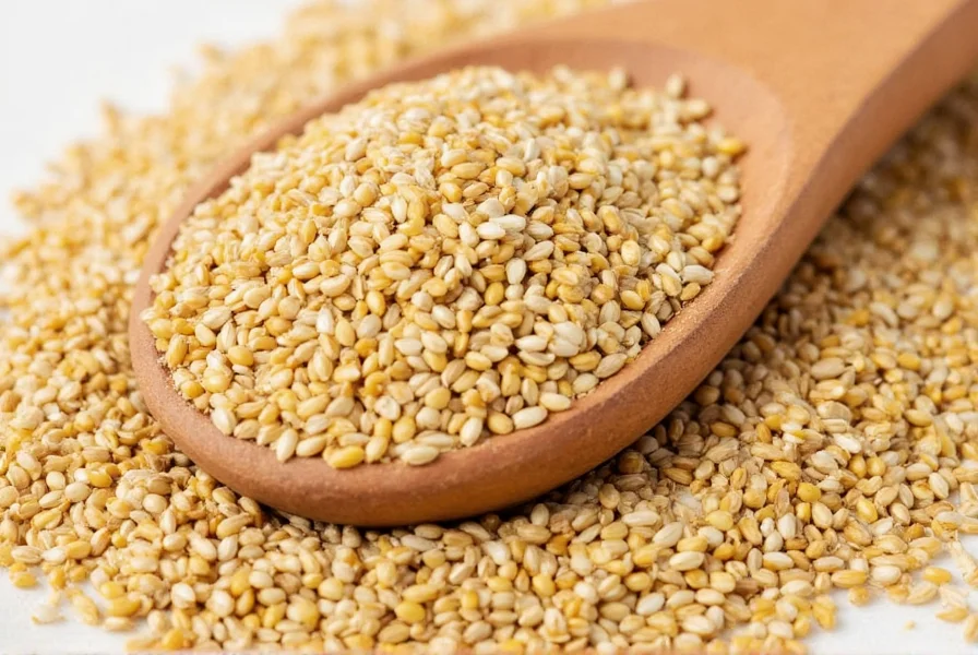 Close-up comparison of fenugreek seeds next to common substitutes including mustard seeds, celery seeds, and fennel seeds on wooden background