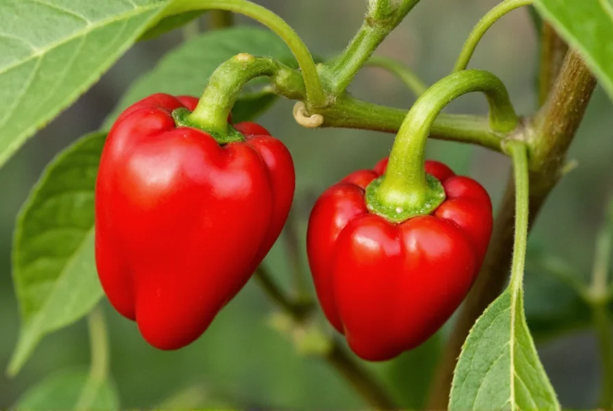 Close-up photograph of mature red Peter peppers growing on plant showing distinctive shape and vibrant red color
