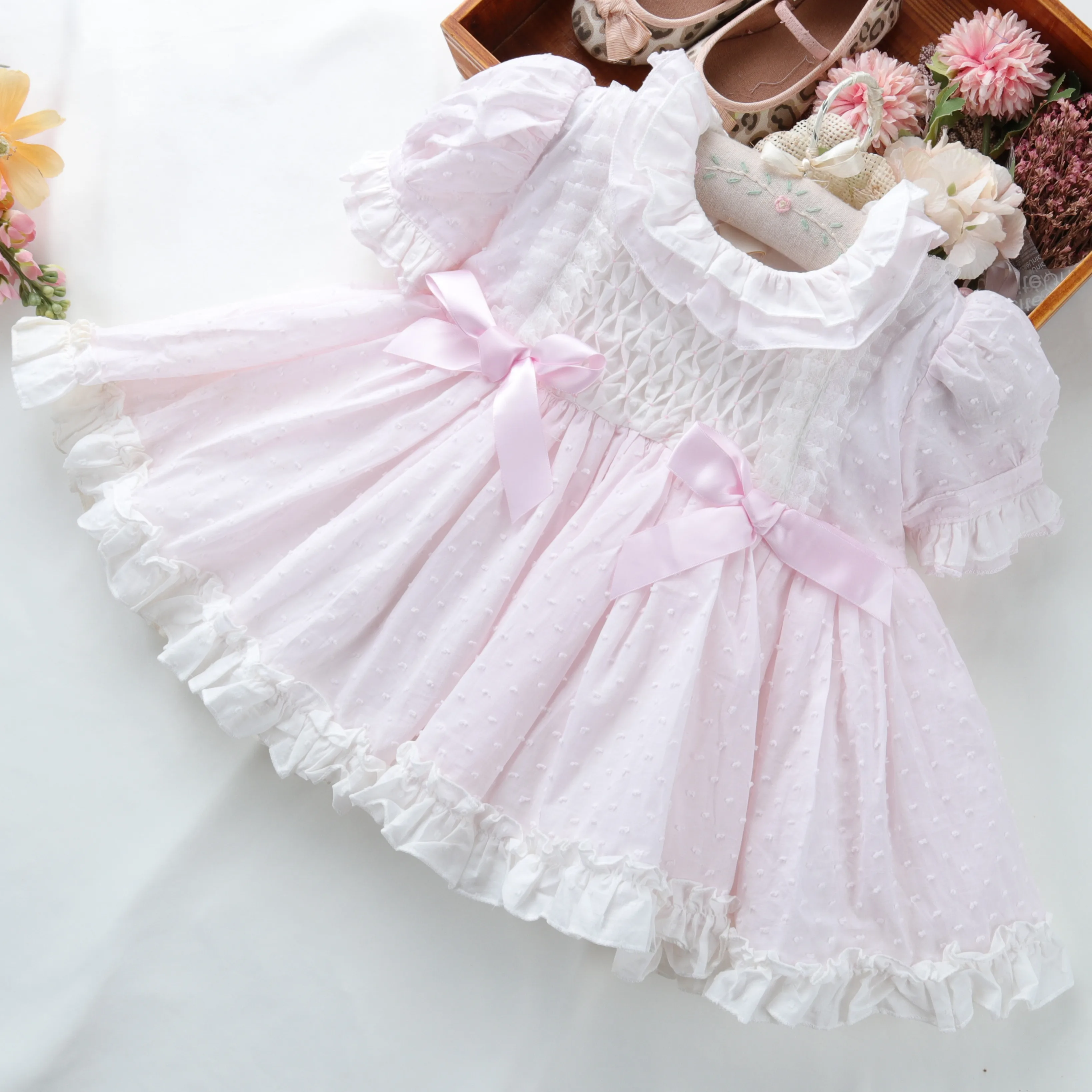

vintage pink ruffles party little baby spanish dresses for girl's frock birthday kids clothing wholesale 051675