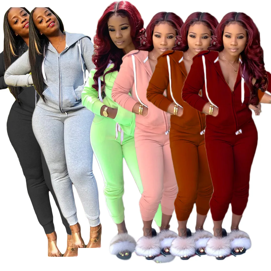 

A8075 Wholesale dropshipping workout sweatersuit solid outfits jogger custom 2 piece set sportswear women two piece pants set