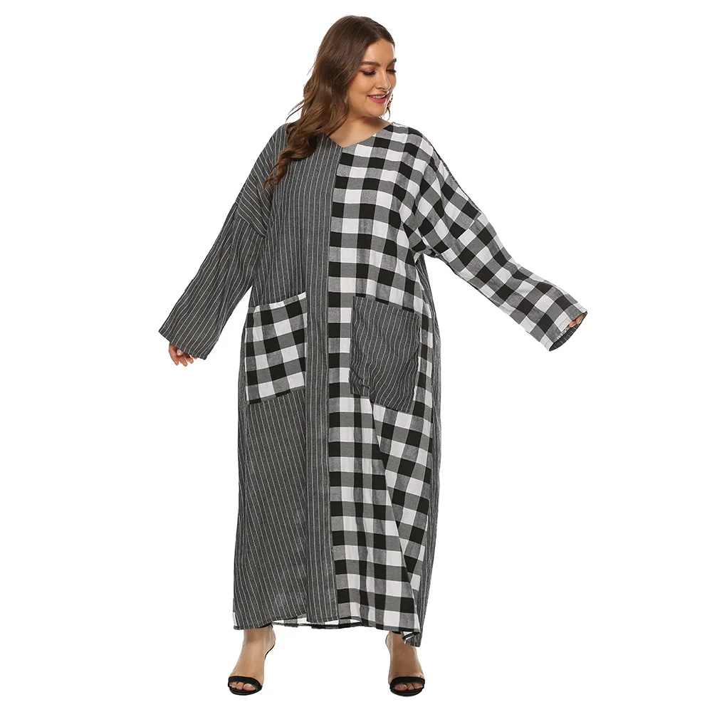 

LEX Plus size fat women clothing 2021 V-neck Plaid stitching casual loose Long Sleeve Dress muslim women long Dress