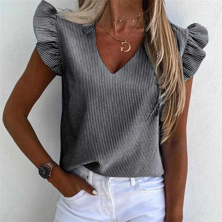 

Elegant Striped Print Women Blouse Casual Summer Sleeve Shirts Office Lady O-neck Tops, As pic