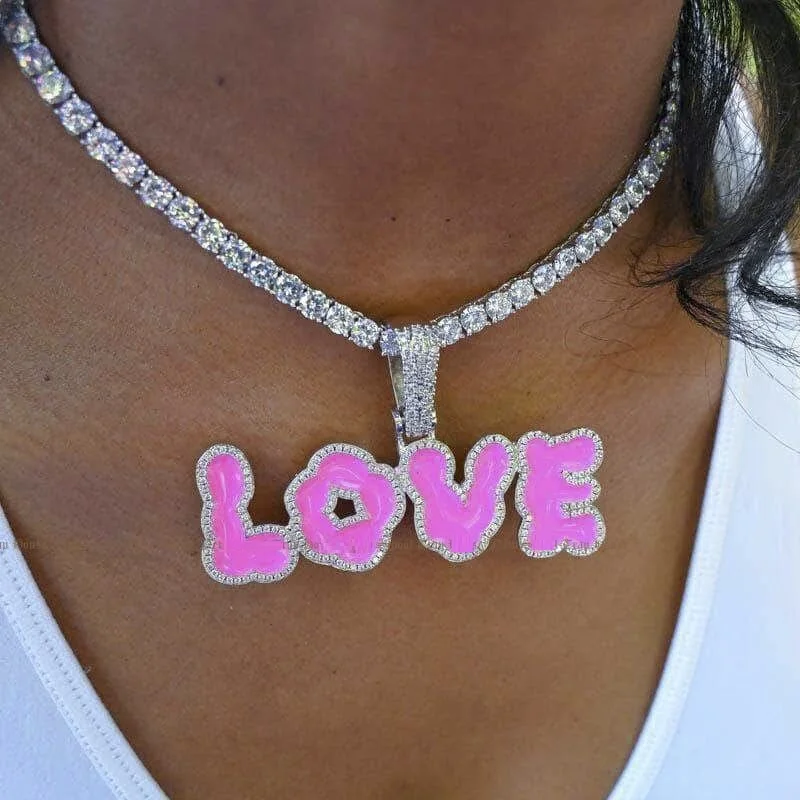 

fashsion iced out bling rectangle cz cuban chain pink love necklace for women