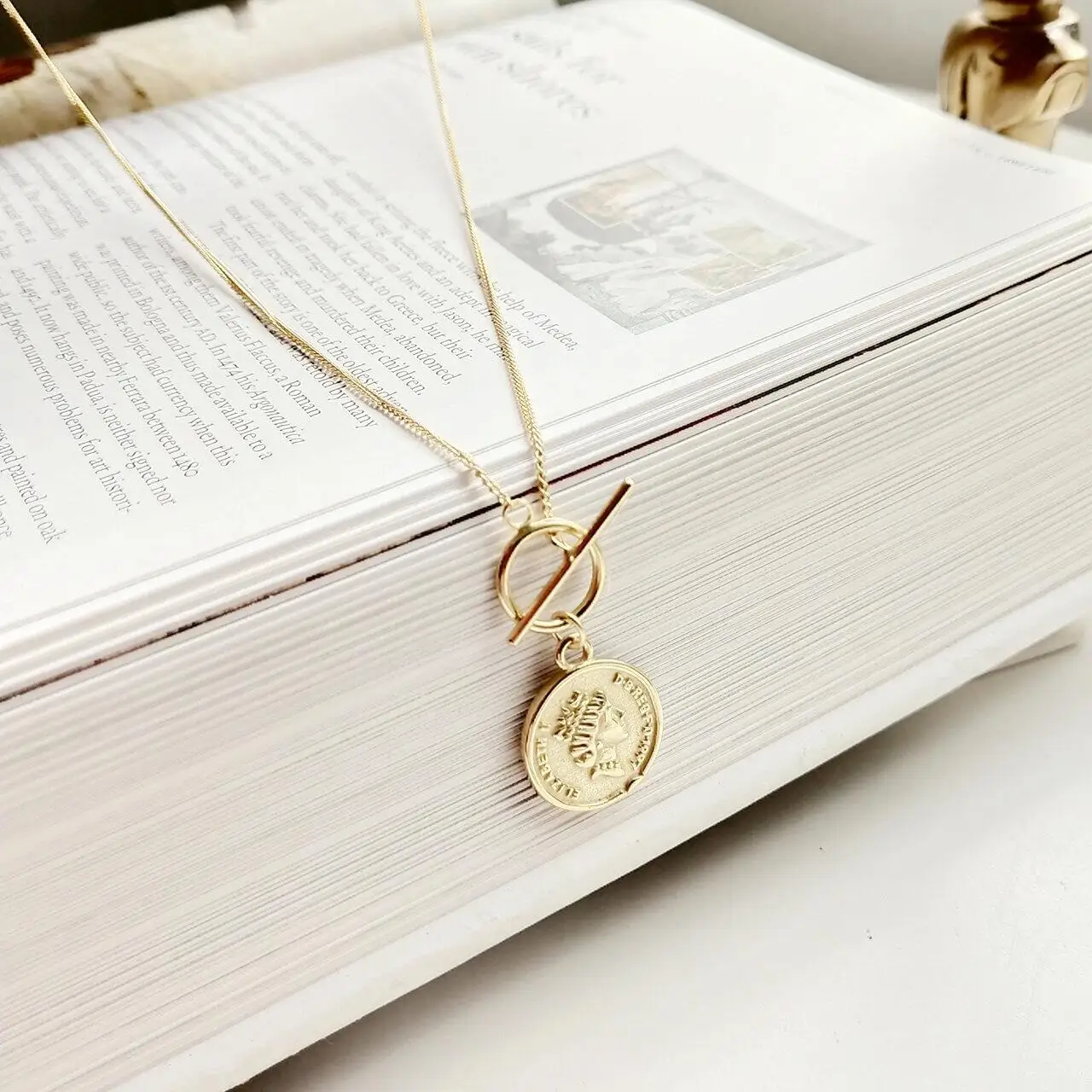 

Coin pendant Toggle clasp collar long chain 18k gold plated 925 sterling silver necklace for women
