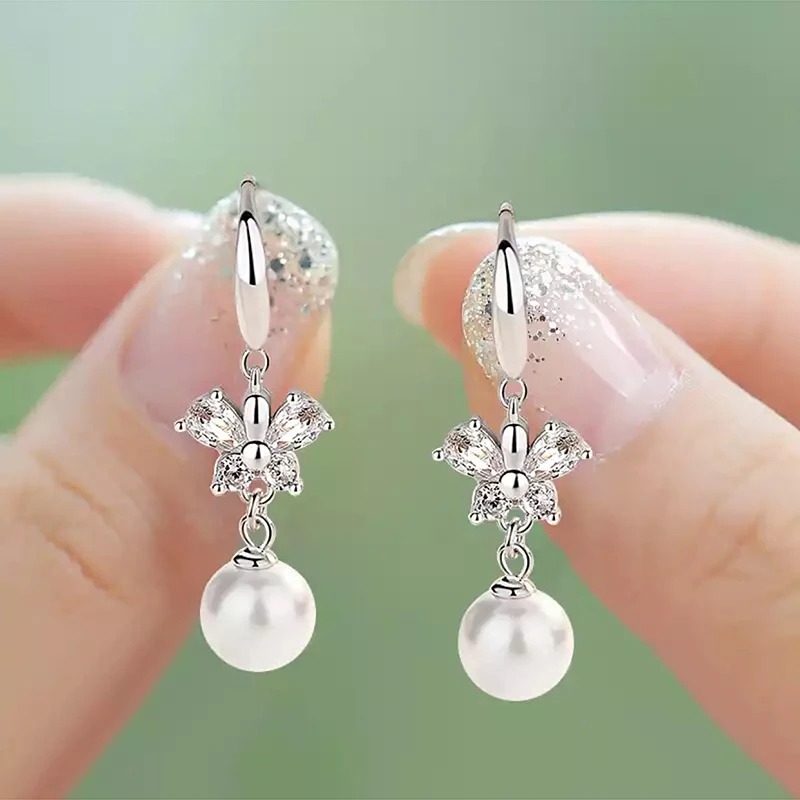 

CAOSHI Ladies Dangle Earring Accessories Fashion Zircon Pearl Bow Butterfly Earrings Designer Pearl Earrings for Women Unusual