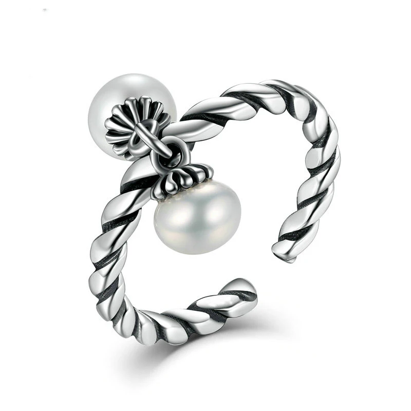 

Vintage Luxury 925 Sterling Silver Double Charm Pearl Rings Women Jewelry