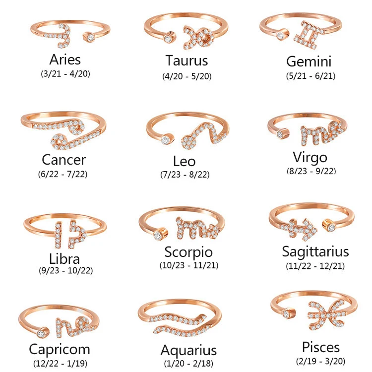 

Fashion Lady Gift Engagement Ring Diamond Rose Gold Adjustable Zircon Zodiac Ring For Women