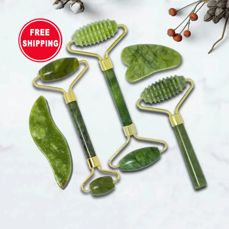 

Best private label Jade Roller Message Tool anti-aging original jade face roller gua sha set for face massage body, Green