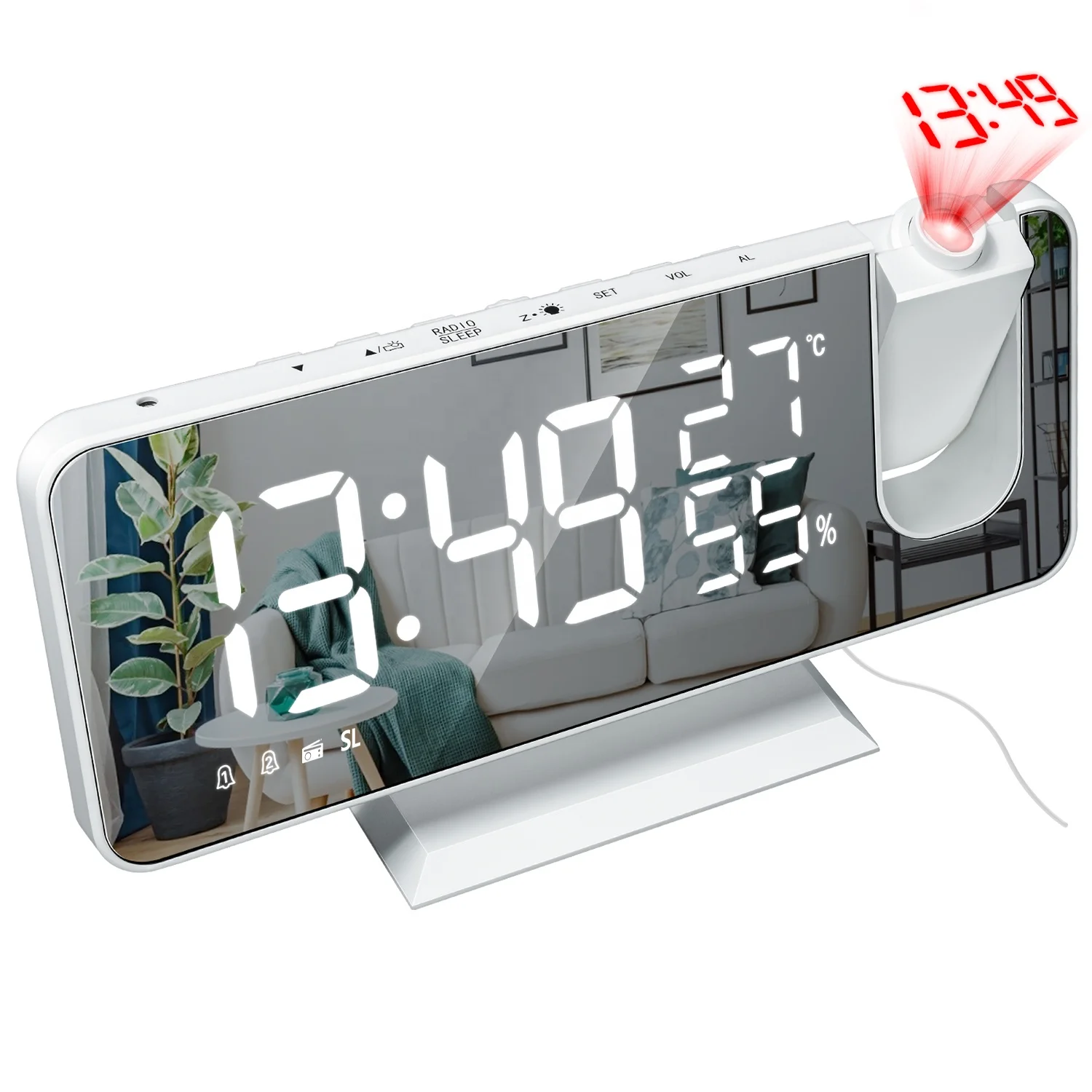 

2021 Patent Amazon Best Seller Desktop Electric Digital Projection Mini Light Alarm Table Mirror LED Clock With Time Projector, Any pantone color, led color, customized logo, package all available