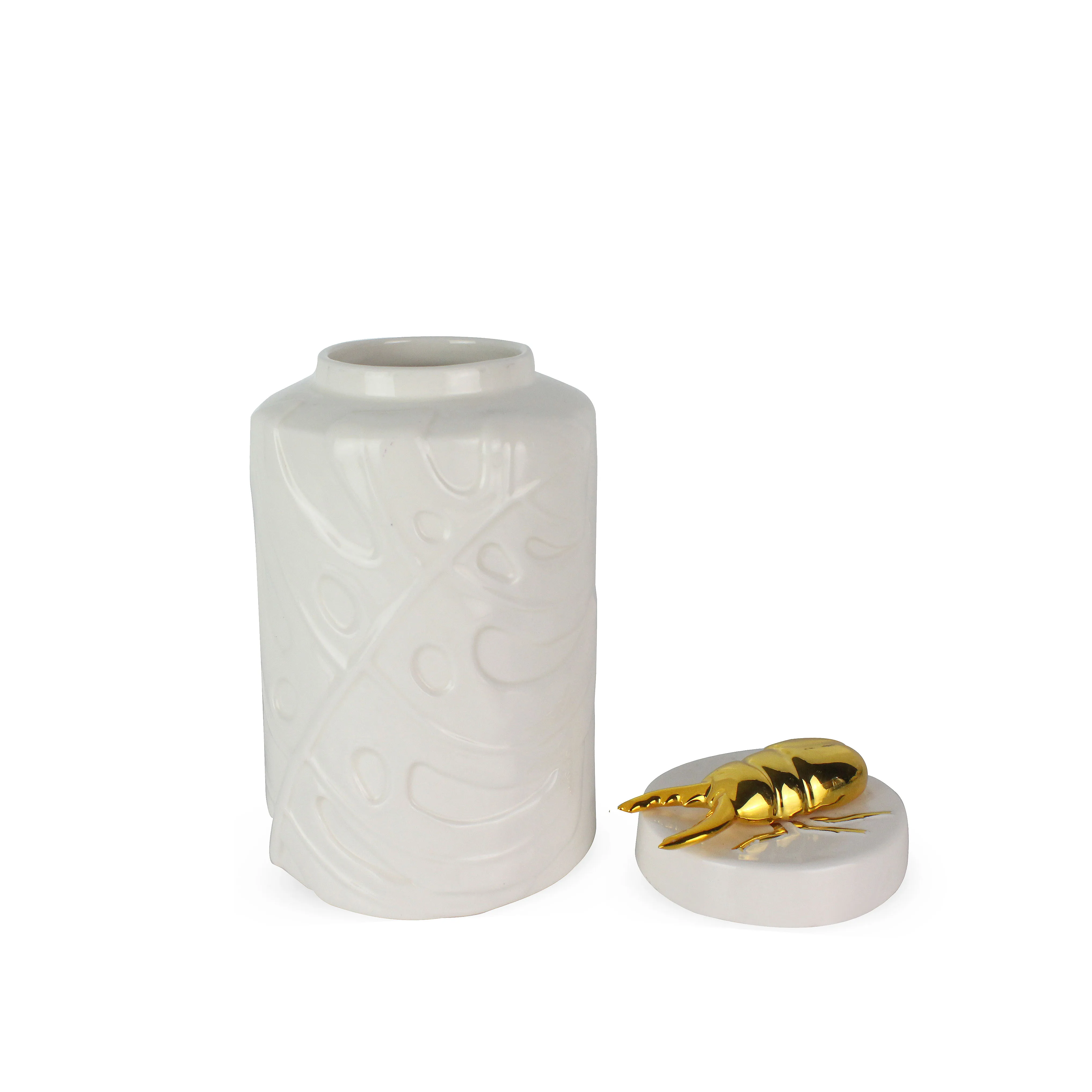 Jar Home Decoration White Emboss Ceramic with Insect Handle 30% Deposit Avalaible SGS/BSCI/SEDEX 300 supplier