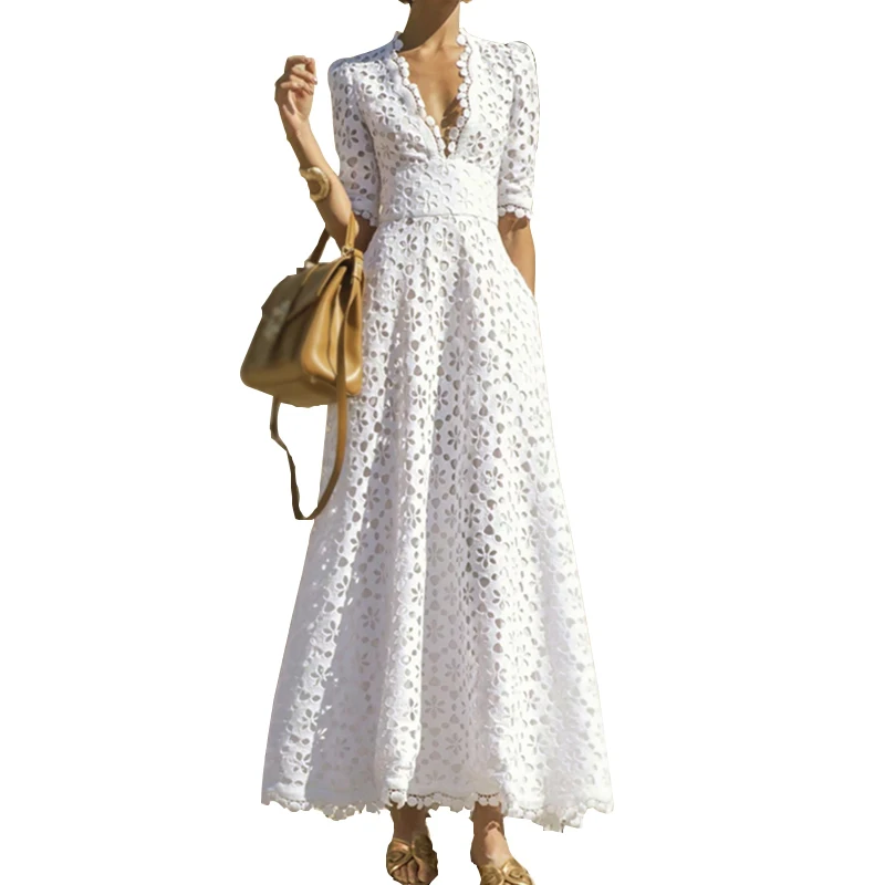 

TWOTWINSTYLE V Neck Half Sleeve High Waist Slim Solid Midi Dresses Female New 2021