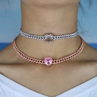 

2020 valentines Day Gift for girlfriend lover pink heart cz cuban link chain choker necklace