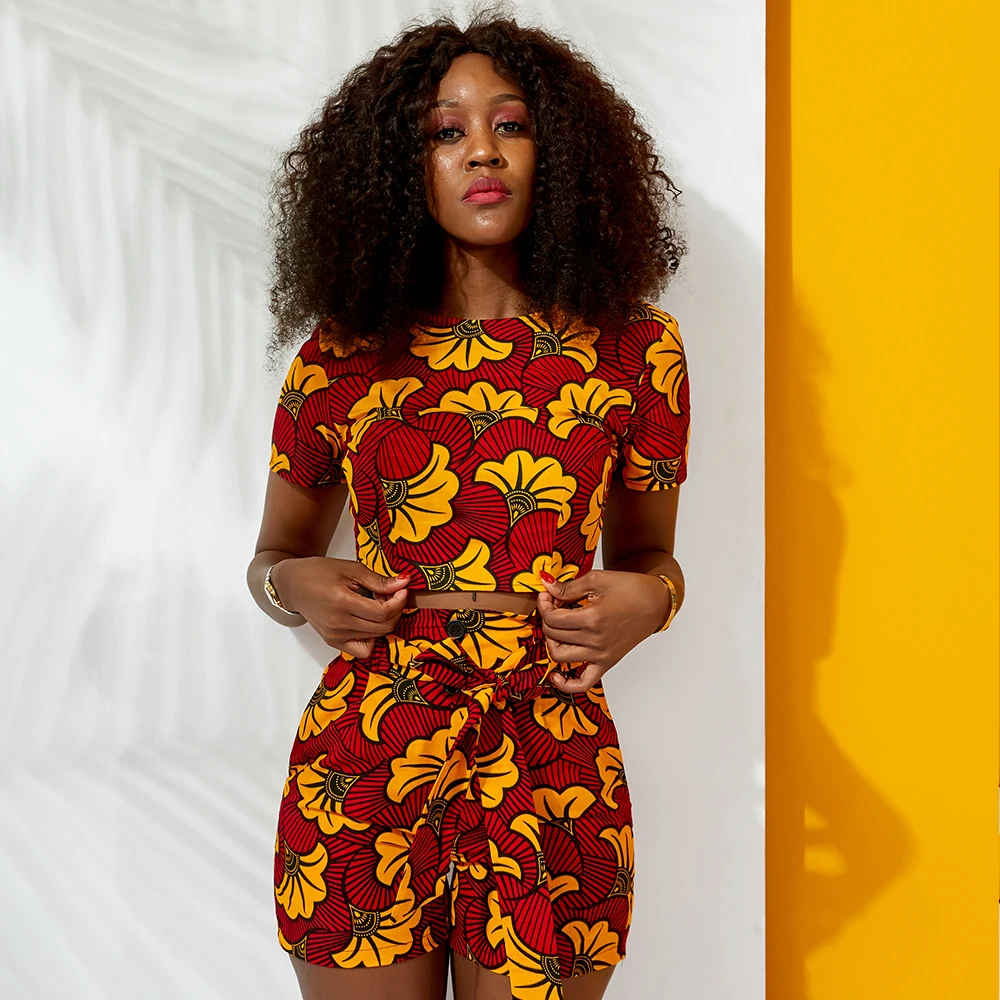 

2021 African Fabric Wax Printing 2 PCS Sets Women's Tops Ladies' Shorts 100% Cotton Colorful Blouse, Customized color