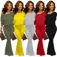 

New Arrivals Fashion Women Casual Slash Neck Batwing Sleeve T-shirt Flared Pants 2 Pieces Set Solid Outfits Jumpsuit
