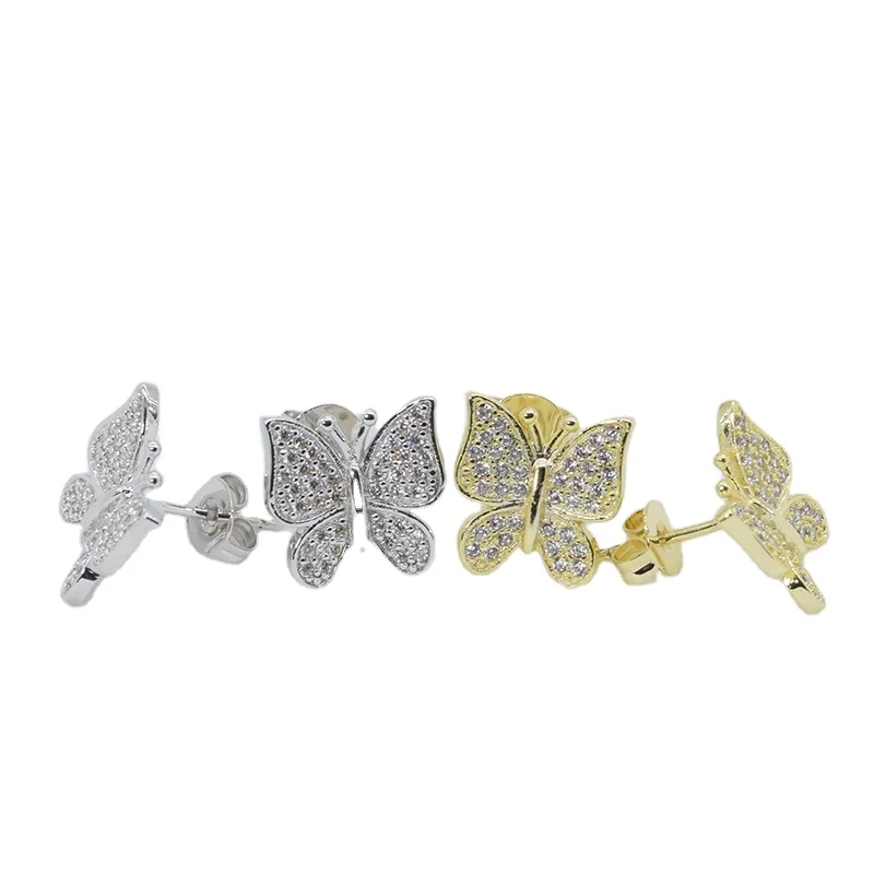 

Iced Out Jewelry Cute Gold Plated Silver Butterfly Hoop Stud Earrings