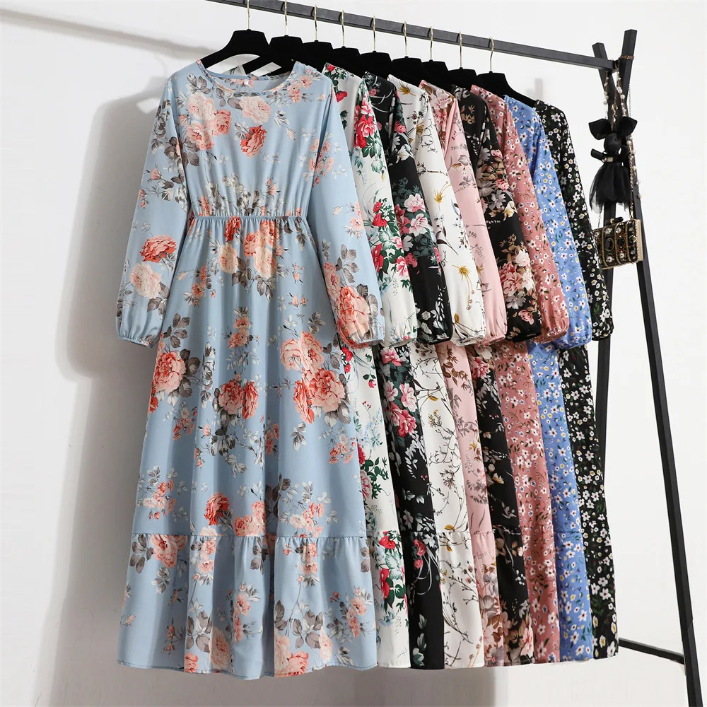 Modest Flower Pattern New Women's Spring and Autumn Waist Slimming Elegant Eid Ramadan Islam Muslim Loose Long Casual Dress