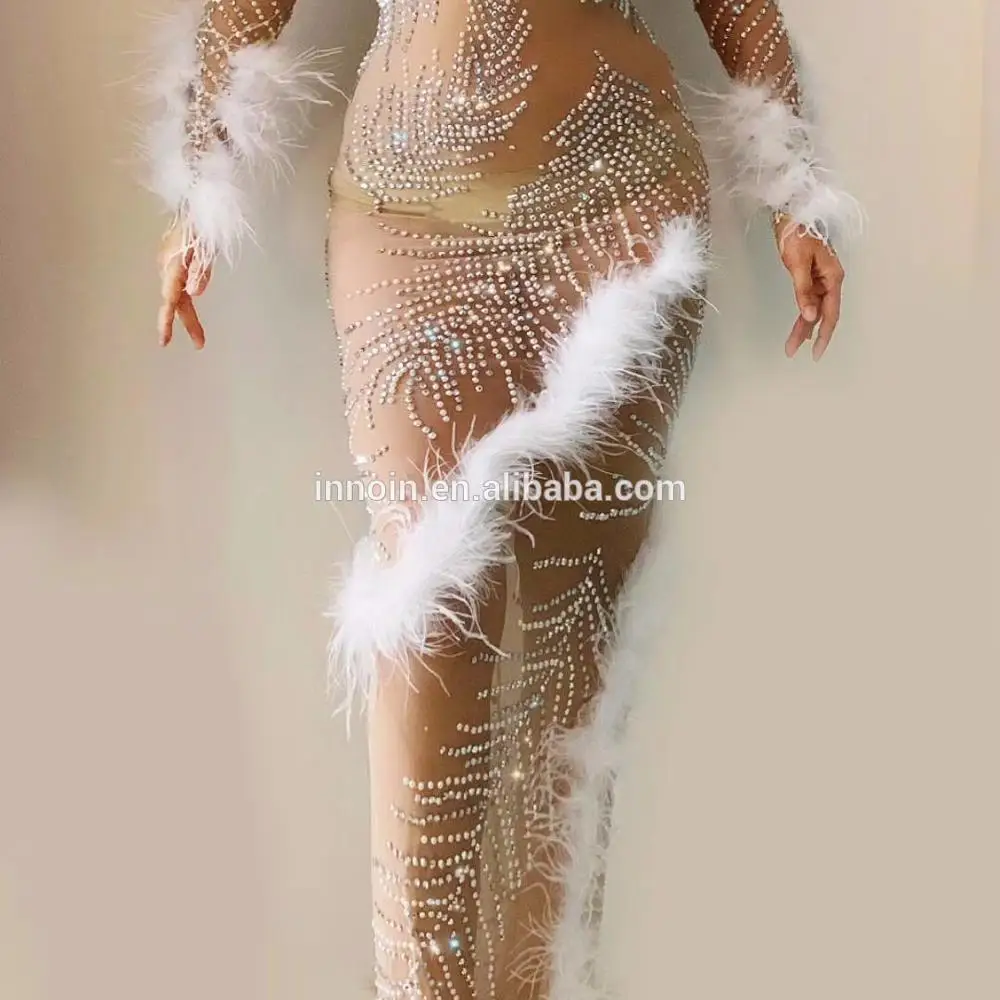 

Sexy Mesh White Feather Pearls Rhinestone Long Dress Prom Party Clothes Birthday Celebrate Dress Stage Singer Dresses