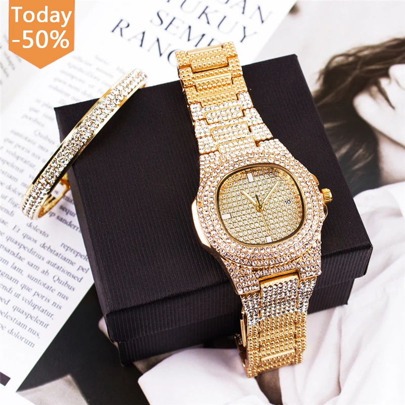 

2022 New Style Luxury Iced Out Watch Bling Quartz Square Women Watches Relojes Hip Hop Gold Full Watch Jewelry