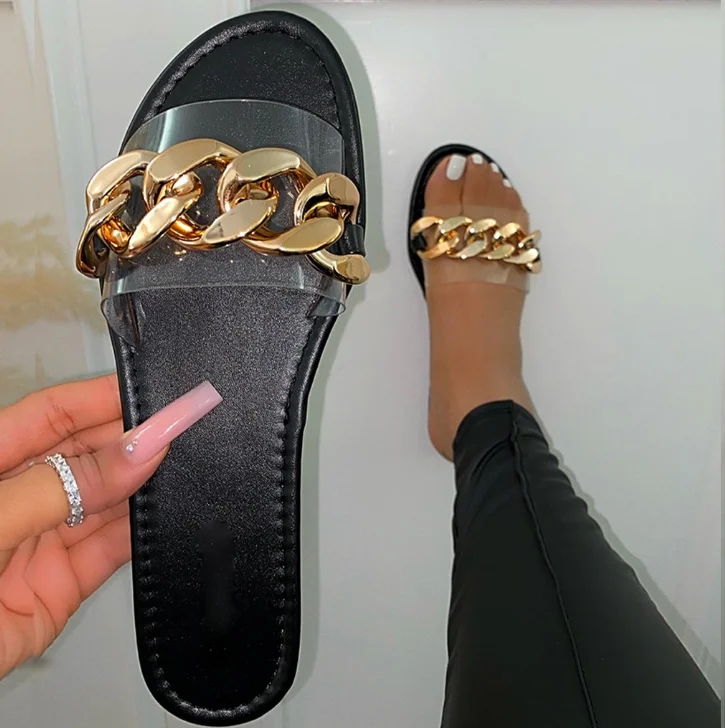

2021 Ladies Sandals Clear large Chain Decoration Slides Women summer Slippers