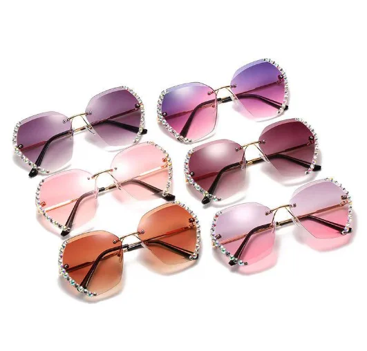

New trendy rimless sunglasses lens diamond-studded polygonal sunglasses female personality ocean piece gradient color glasses