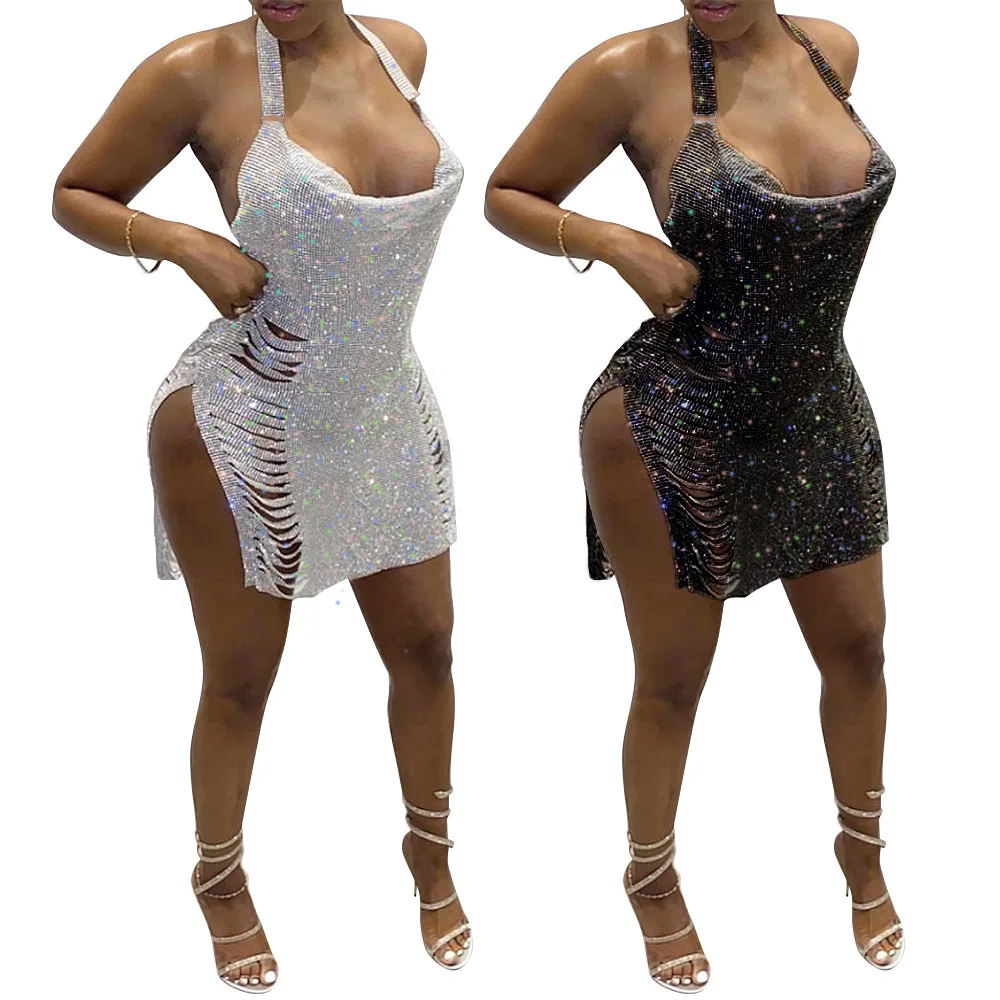 

New design sexy halter nightclub wear strap sequin dress 2021 summer ladies mini slit dresses, Picture