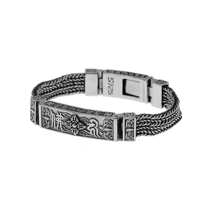 

S925 Silver Six-word True Sanskrit Braided Bracelet Men's and Women's Retro Tide Silver Chain Manufacturers Pure Silver