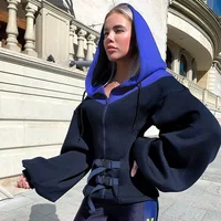 

R10370S Women's autumn zipper hit color hooded lantern sleeves hoodies