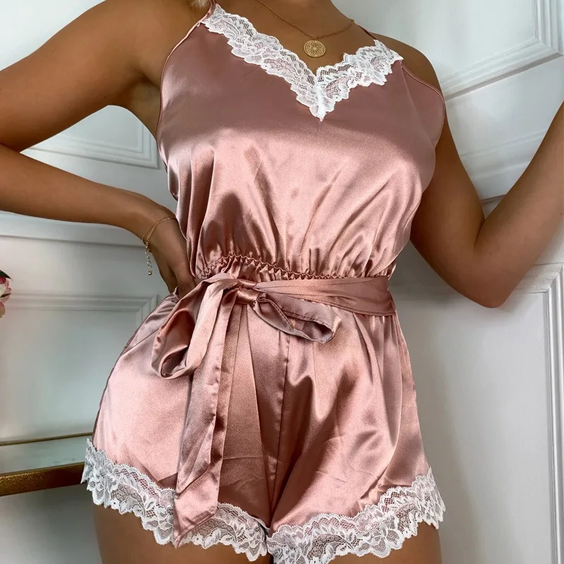 

Summer Lace Back Cross Sling Sleeveless Backless One Piece Fashion Pajamas