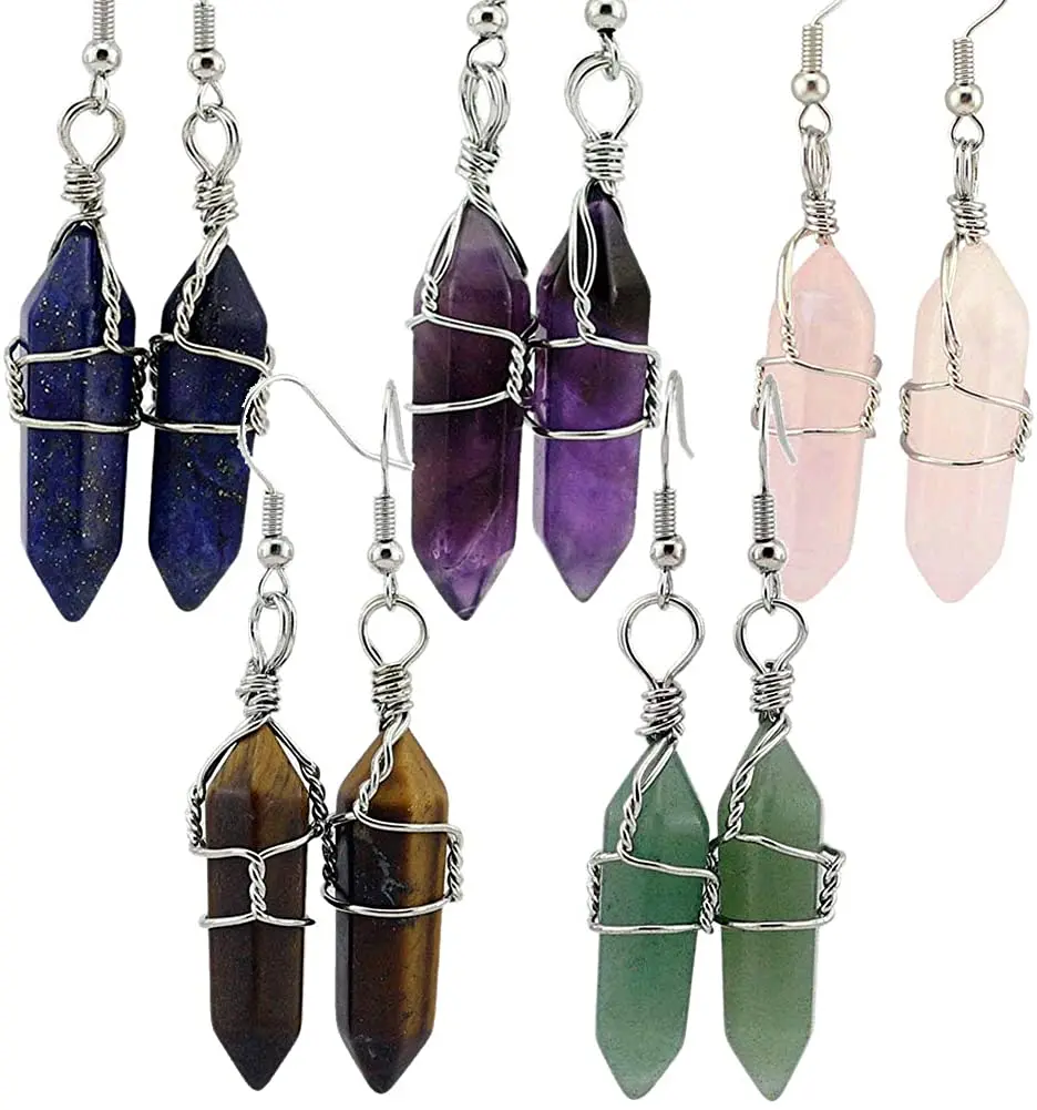 

Natural Stone Earring Women Wire Wrapped Real Healing Amethyst Quartz Crystal Earrings Eardrop Hexagonal, Colorful