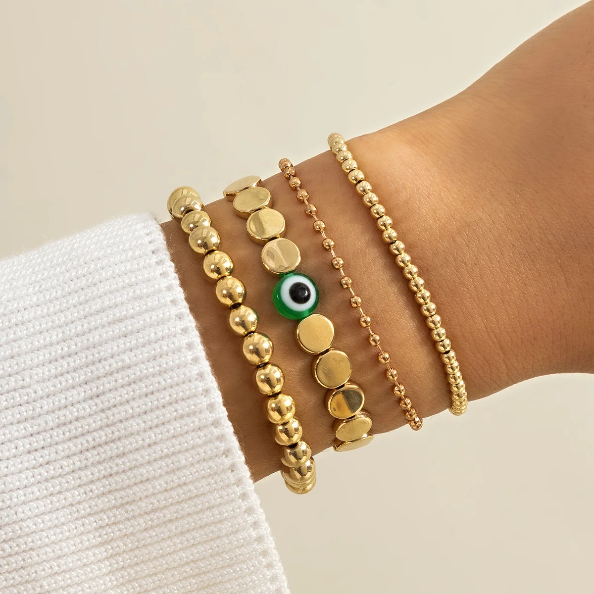 

4Pcs Women's Retro ethnic style eye beaded metal bead chain bracelet set, Gold silver