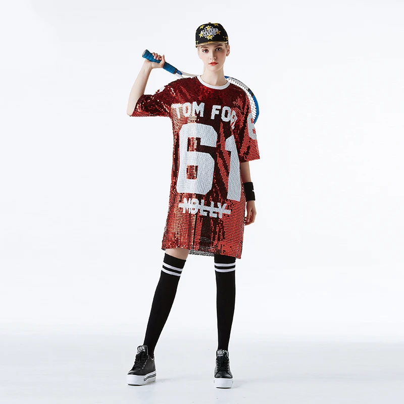 

Wholesale Hip Hop Dance Costumes Baseball Shirt Custom Bling Loose Women Oversize Sparkly Sequin Long T Shirt Dress