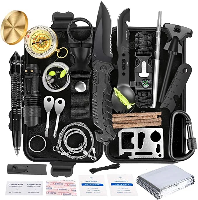 

AJOTEQPT Hiking Fishing 40 in 1 First Aid Survival Kit Survival Gear for Men, Black