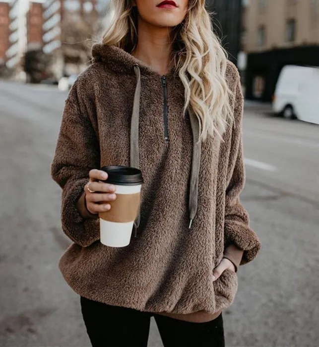 

New Year Spring Faux Fur Teddy Bear Coat Sweaters Women Fashion Open Stitch Hooded Coat Female Long Sleeve Fuzzy Jacket