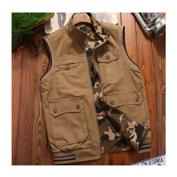 

MJ2 Factory Direct Sales Reversible Sleeveless Jacket Wear On Both Sides Washed Cotton Outdoor Khaki Yellow Men's Utility Vest, Brown,camouflage on the other side