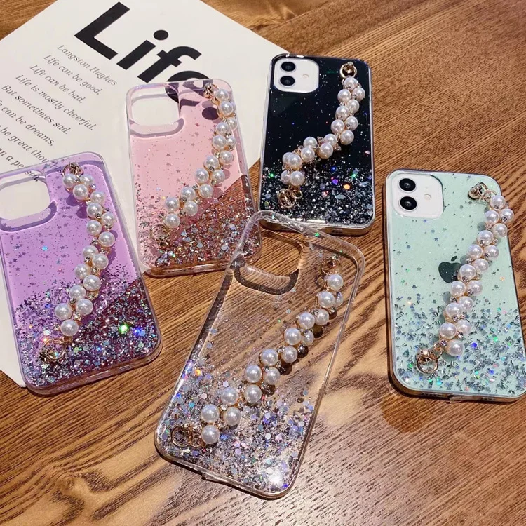 

2021 unique beauty artificial pearl bracelet epoxy glitter star painted phone case clear tpu back cover for Iphone 11/12 promax