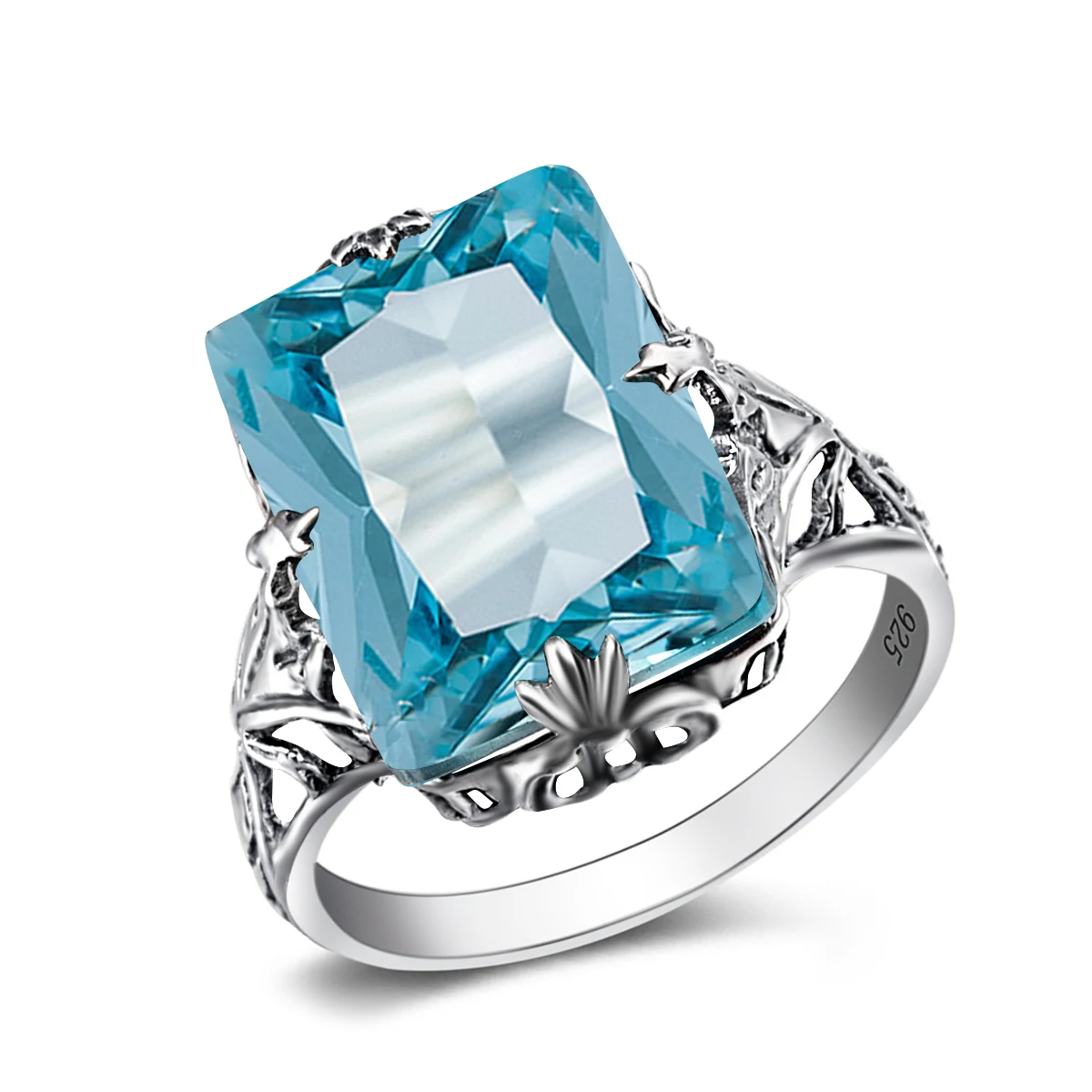 

SZJINAO Rings Silver 925 Blue Topaz Square Women Ring Vintage Jewelry