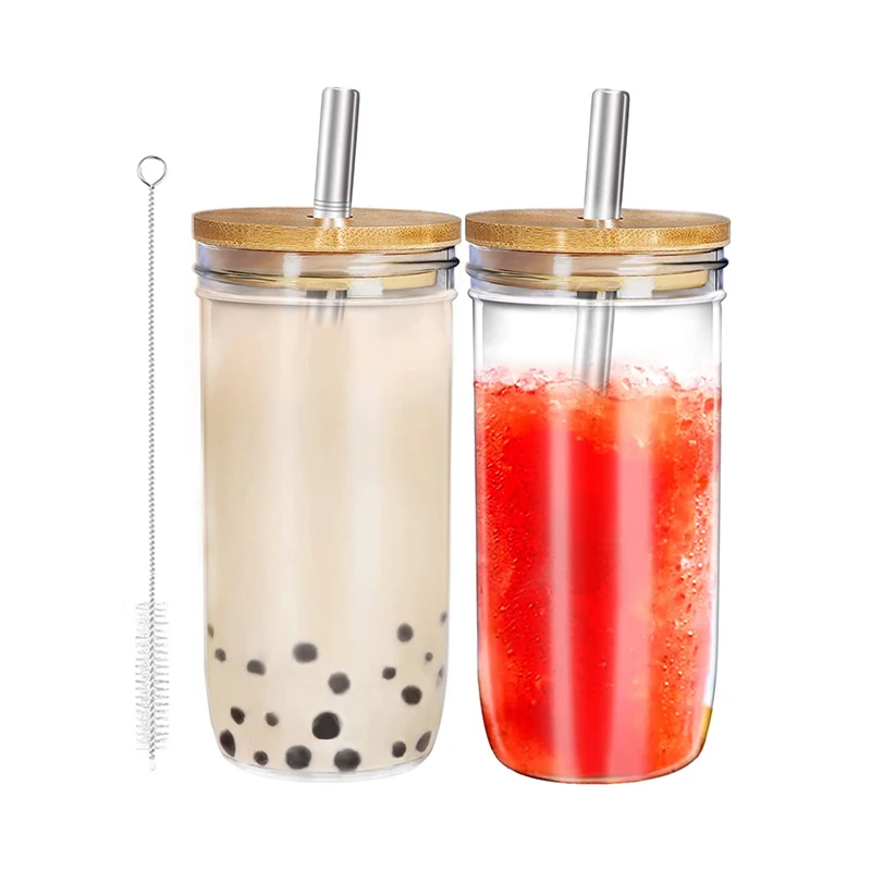 

24 oz Wide Mouth Drinking Glass Bubble Tea Cups for Iced Coffee Travel