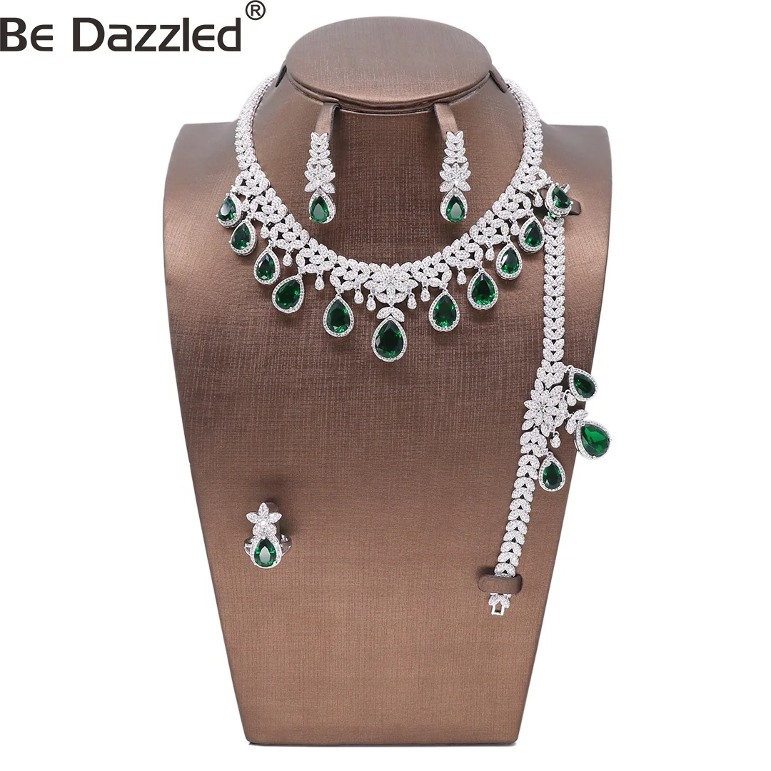 

Bedazzled Colorful Green stone Cubic Zirconia Luxury Necklace Earrings Wedding Fashion Women Jewelry Sets